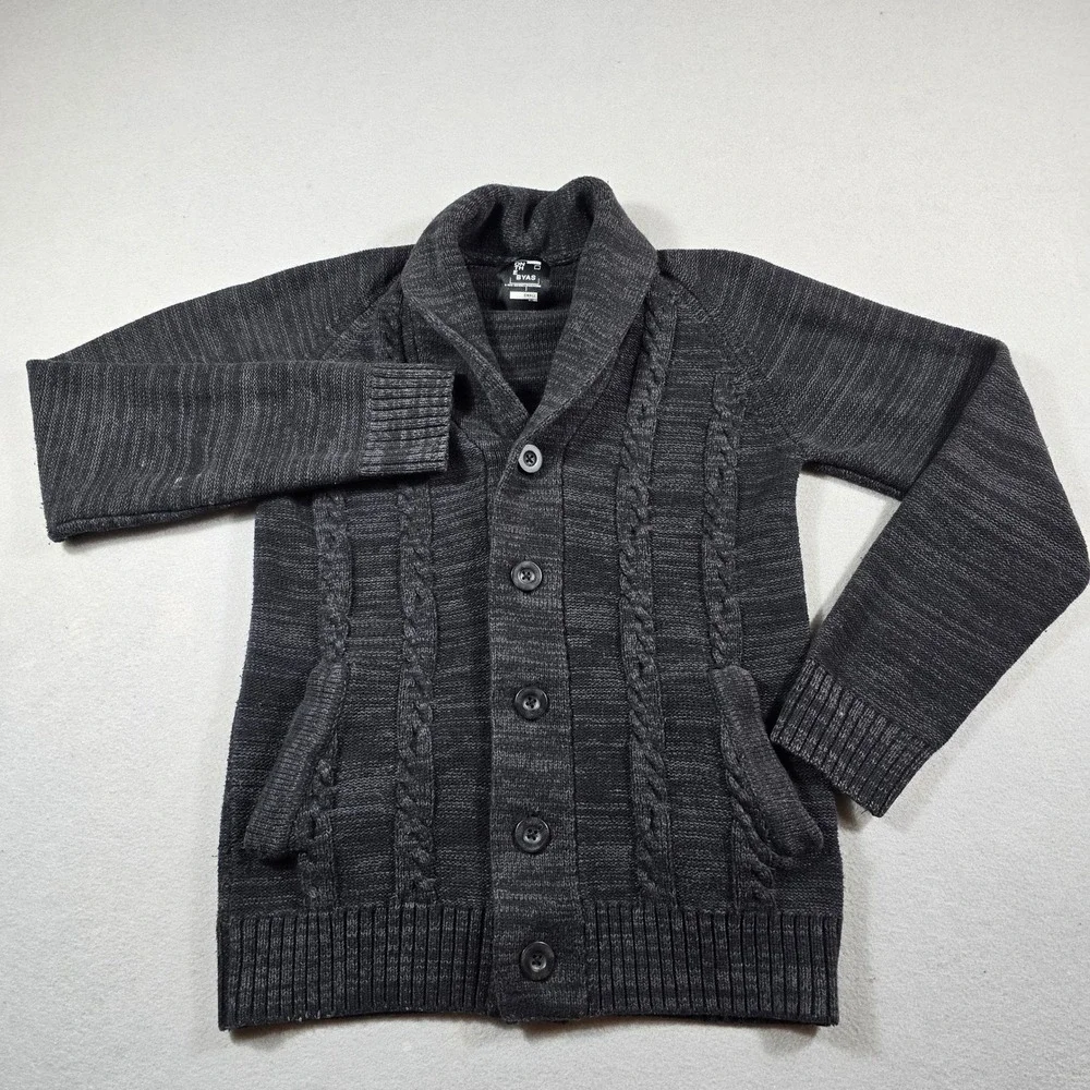 On The Byas Mens Small Gray Cardigan Sweater Shawl Collar Cable Knit Button
